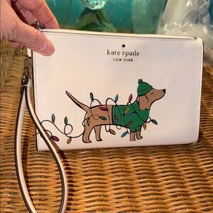 Kate Spade Festive Dachshund Holiday Wristlet in Cream NWOT